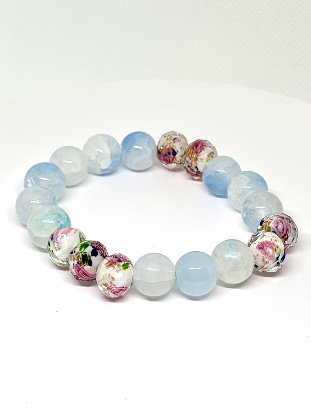 Hand Crafted Pastel Blue Agate & Floral Bead Stretch Bracelet